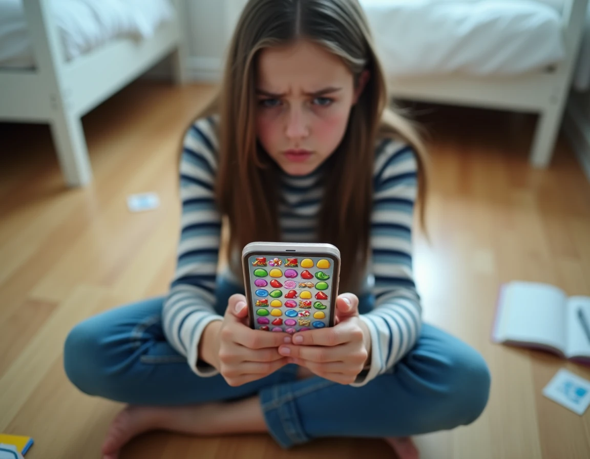 Adolescente frustrée par un niveau difficile de jeu de bonbons sur smartphone dans sa chambre