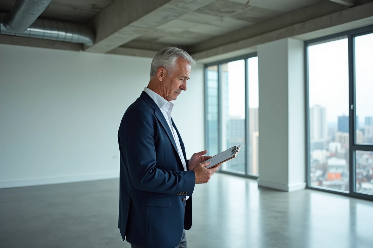 Agent immobilier inspectant un appartement moderne lors d'une estimation