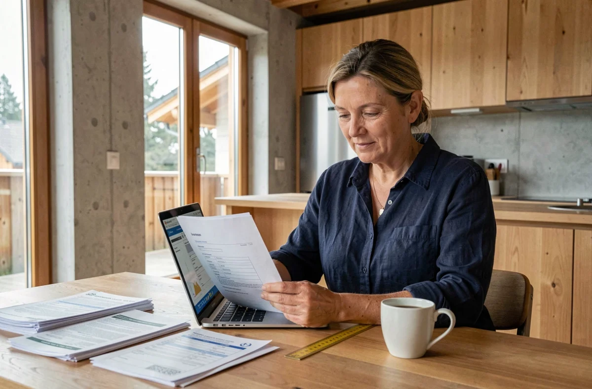 Femme suisse consultant des formulaires de demande d'aides financières pour la rénovation de sa maison à son bureau