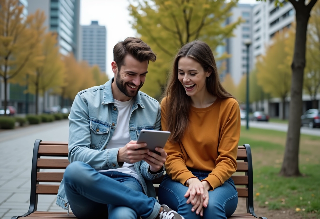 Deux amis riant sur un banc de parc avec tablette en main