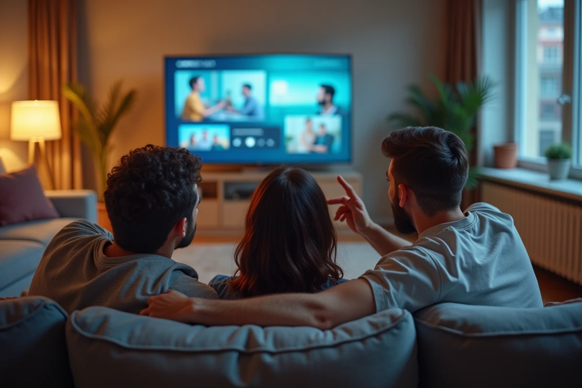 Trois amis regardant un streaming sur la télévision dans un salon