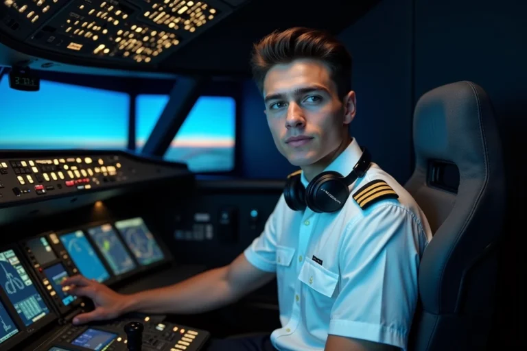 Cadet Air France en formation dans un simulateur de vol Airbus, cockpit réaliste avec instruments de bord