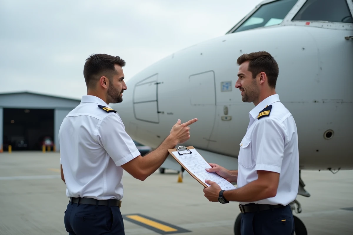 Deux cadets pilotes en debriefing devant un avion commercial sur le tarmac d'un aéroport de formation