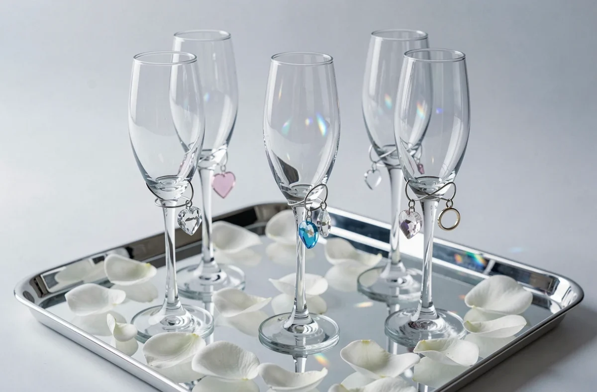 Flûtes à champagne ornées de charms en verre en forme de cœur et de cristal accrochés au pied pour un mariage