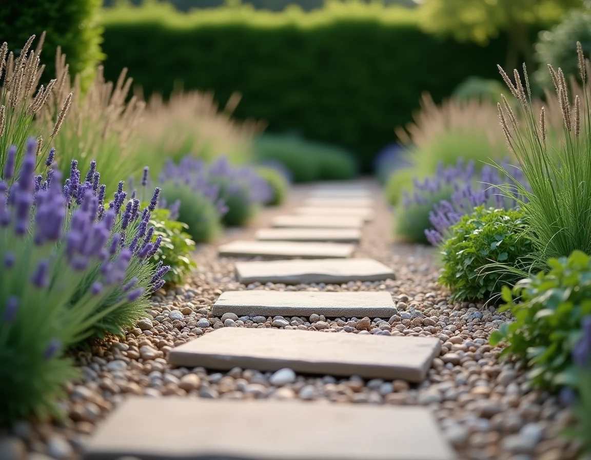 Chemin de jardin en gravier perméable et pierres naturelles bordé de lavande et de graminées ornementales