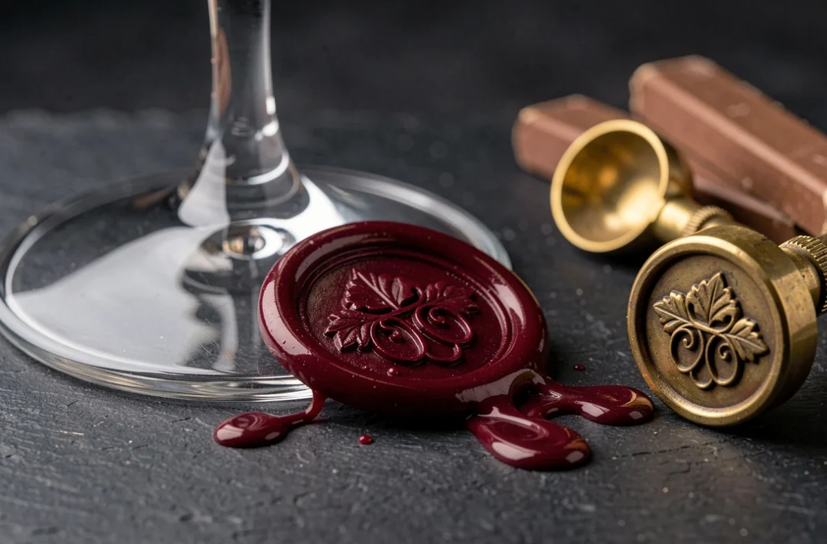 Cire à cacheter bordeaux avec monogramme floral appliquée sur le pied d'un verre de mariage élégant