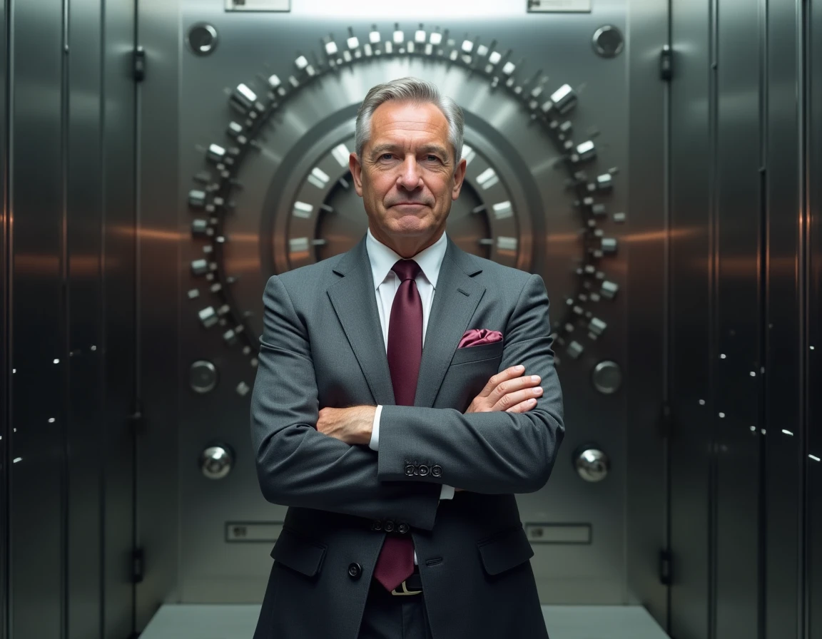 Directeur de banque devant une porte de coffre-fort en acier symbolisant la sécurité et la protection des économies