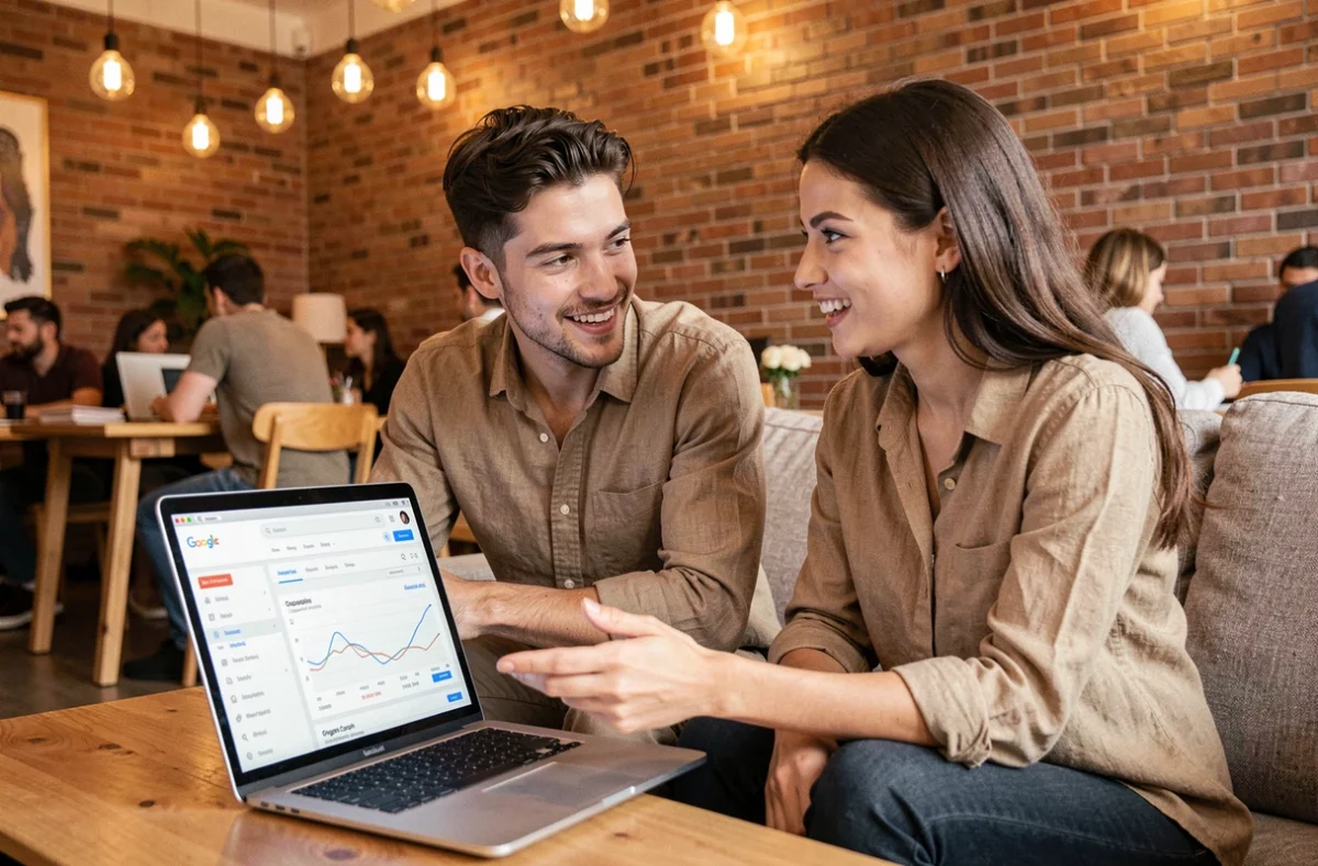 Deux professionnels collaborant sur une stratégie de référencement naturel avec Google Search Console dans un espace de coworking