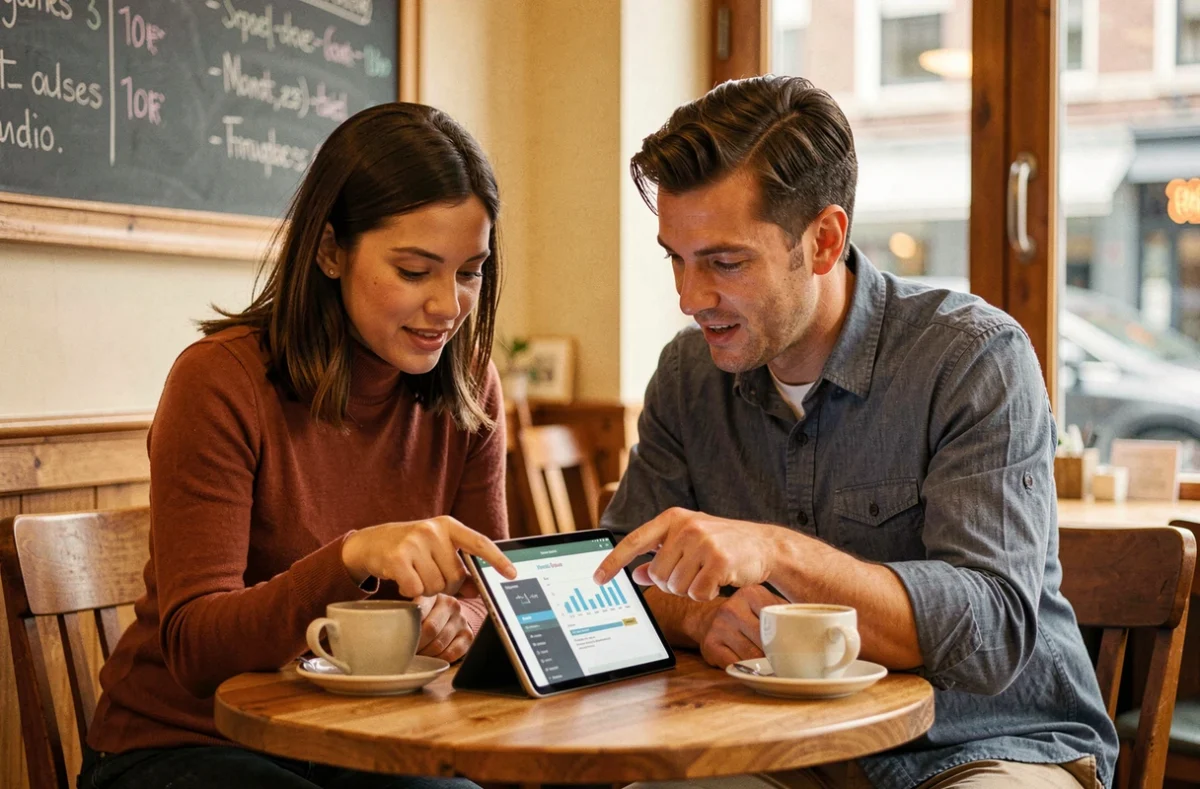 Deux collègues entrepreneurs consultant une ressource en ligne sur tablette dans un café pour améliorer leur stratégie business