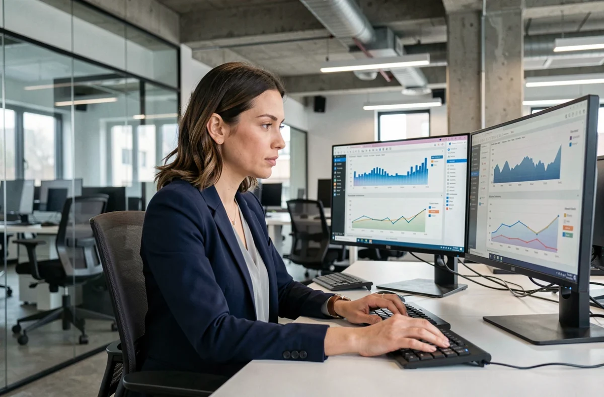 Femme professionnelle comparant des logiciels alternatifs sur deux écrans dans un bureau moderne