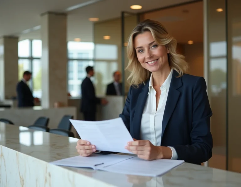 Conseillère bancaire professionnelle examinant des documents financiers dans une agence bancaire moderne et sécurisée