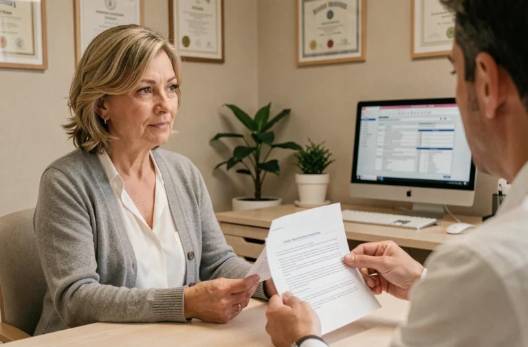 Femme de 50 ans consultant son médecin généraliste pour une prise en charge à 100% par l'Assurance Maladie
