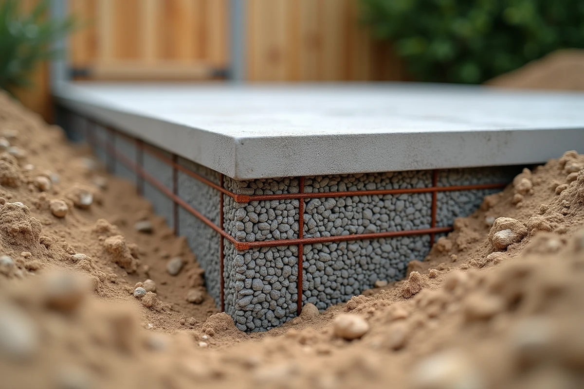 Coupe transversale d'une fondation de terrasse en béton montrant les couches de gravier, armature et dalle de béton