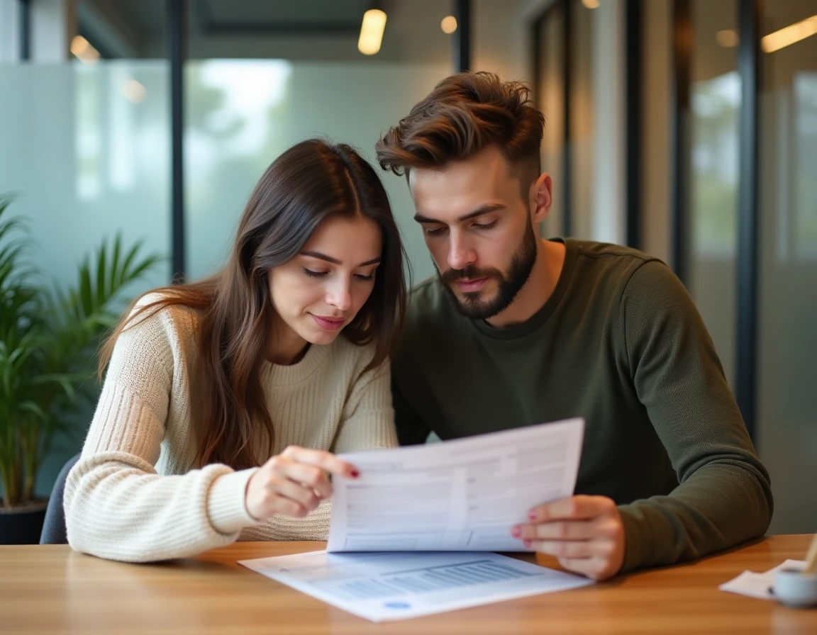 Couple de jeunes adultes consultant un conseiller bancaire pour choisir la banque la plus sûre pour leurs économies