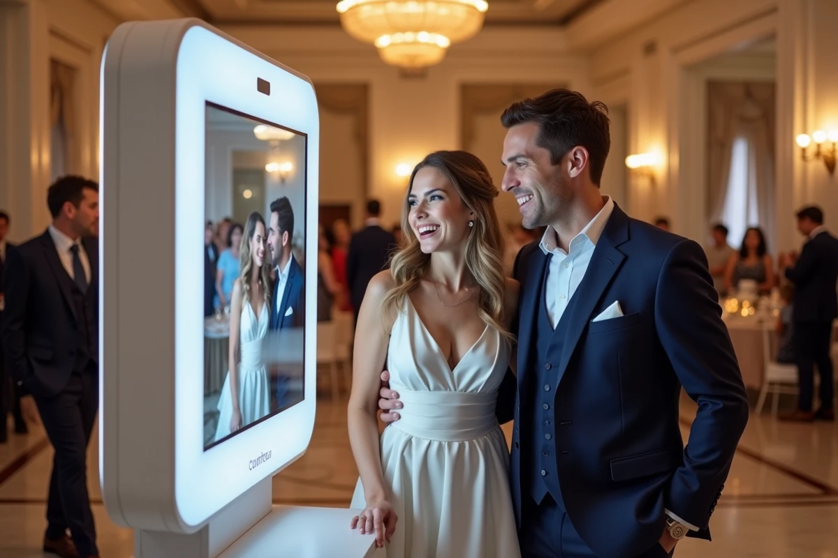 Couple de mariés riant en regardant leurs photos sur une tablette dans un photobooth de salle de réception
