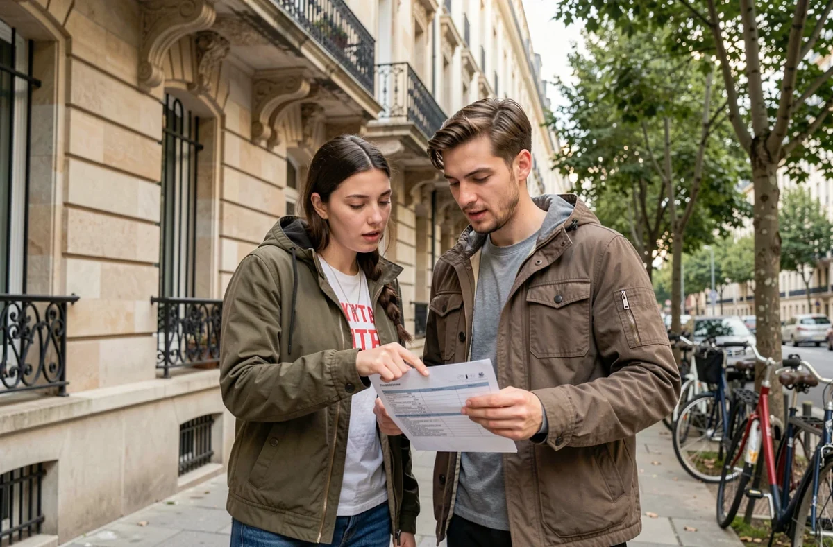 Couple examinant une annonce de location immobilière devant un immeuble en pierre dans une rue urbaine