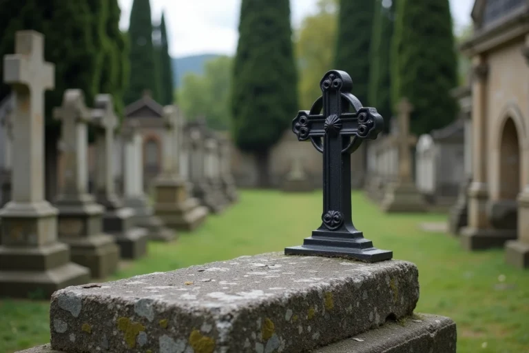 Croix en fer forgé posée sur une tombe en granit dans un cimetière de village français, entourée de pierres tombales anciennes et de végétation