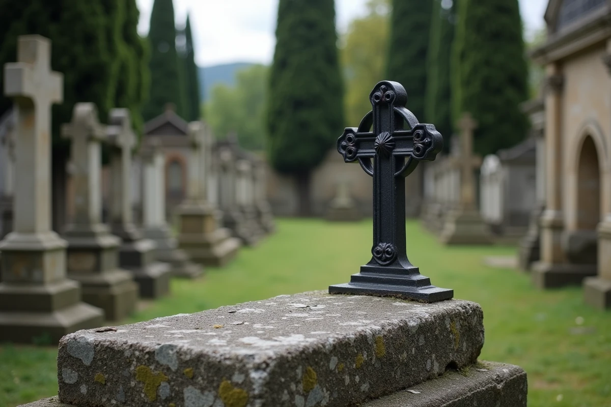 Croix en fer forgé posée sur une tombe en granit dans un cimetière de village français, entourée de pierres tombales anciennes et de végétation