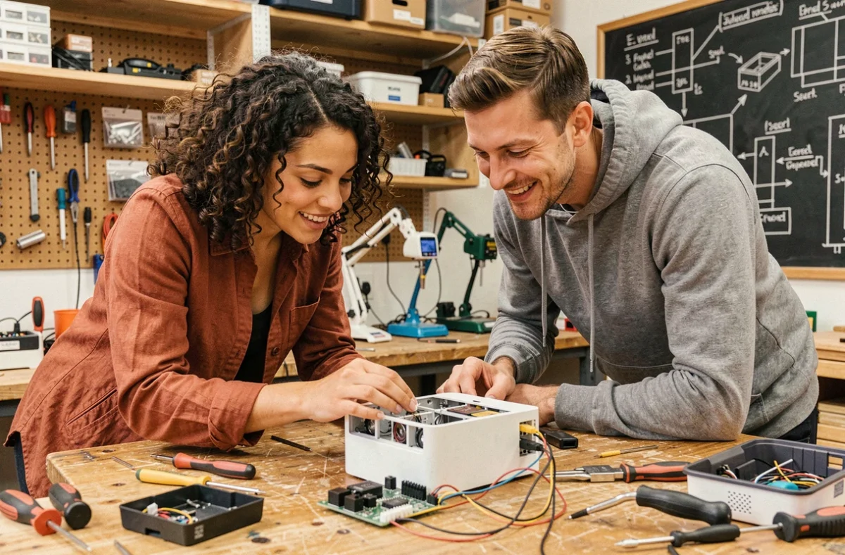 Deux développeurs analysant un appareil connecté démonté dans un laboratoire de startup technologique, tendances innovations domotique