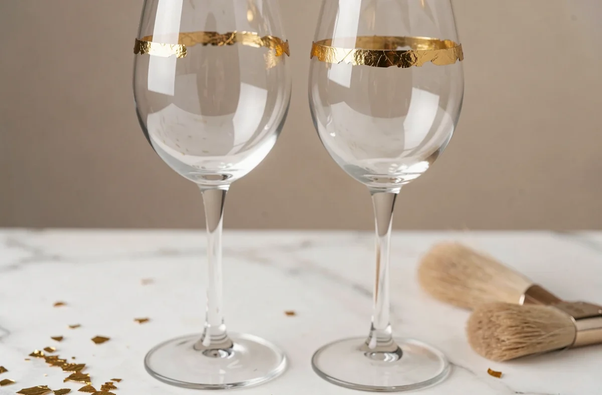 Verres de mariage avec un bord doré à la feuille d'or appliquée à la main montrant une finition artisanale authentique