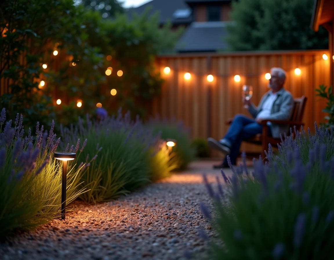 Éclairage solaire basse consommation dans un jardin le soir avec guirlandes et bornes sur un chemin de gravier