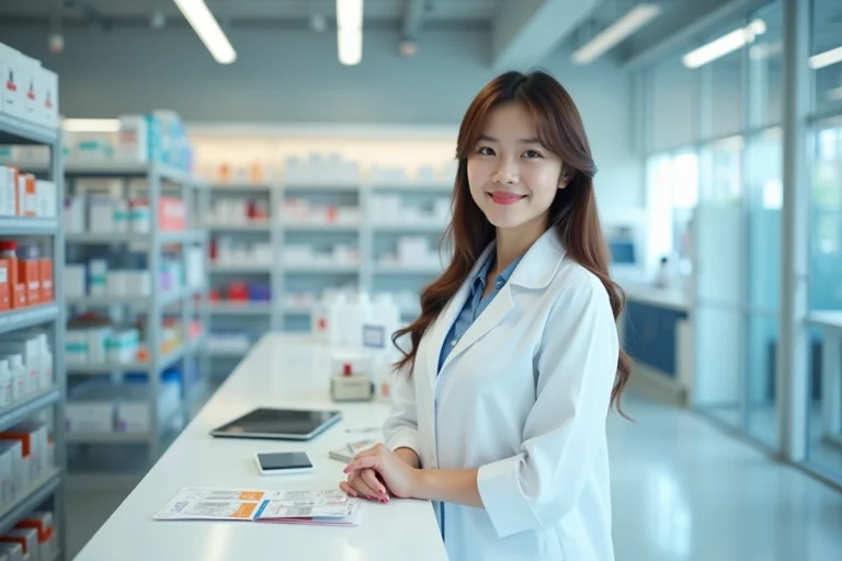 Pharmacienne professionnelle dans un espace de travail alliant officine moderne et laboratoire industriel, symbolisant les opportunités d'emploi en pharmacie et en industrie pharmaceutique