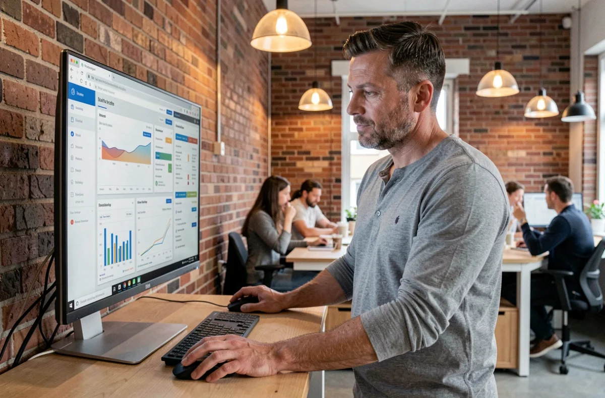 Entrepreneur masculin utilisant des outils en ligne et ressources numériques pour développer son activité dans un espace de coworking