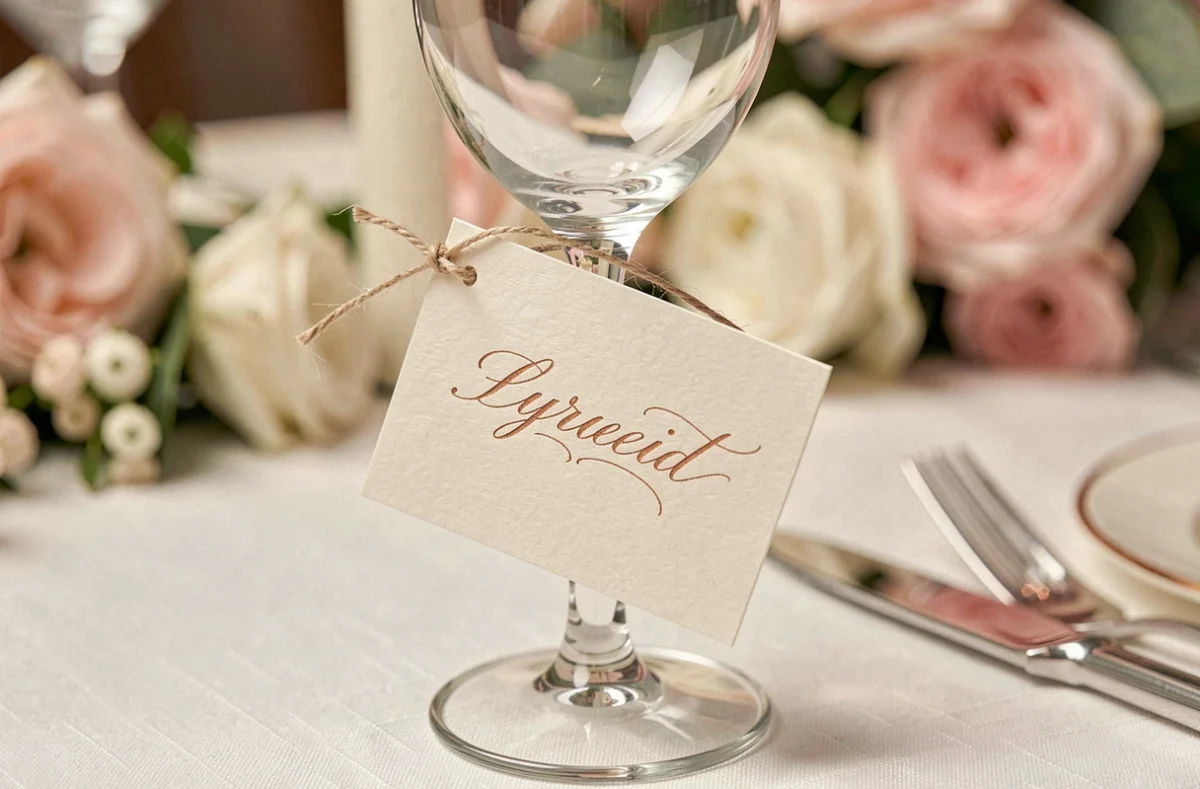 Étiquette calligraphiée en copperplate attachée au pied d'un verre de mariage servant de marque-place pour les invités