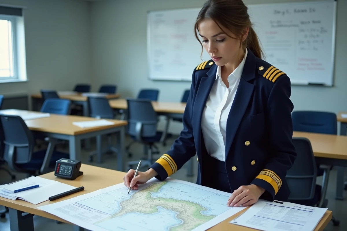 Étudiante pilote de ligne étudiant une carte aéronautique dans une salle de formation Air France