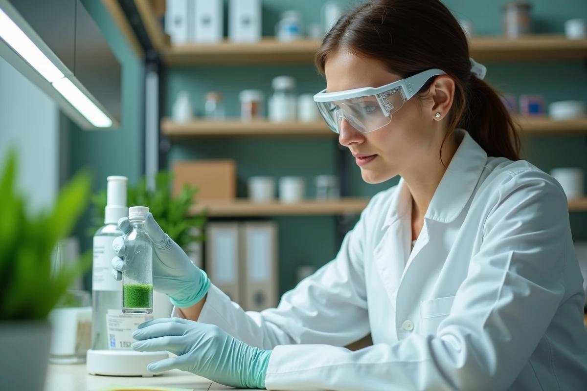 Chercheuse en R&D pharmaceutique durable tenant un composé végétal dans un laboratoire d'éco-conception
