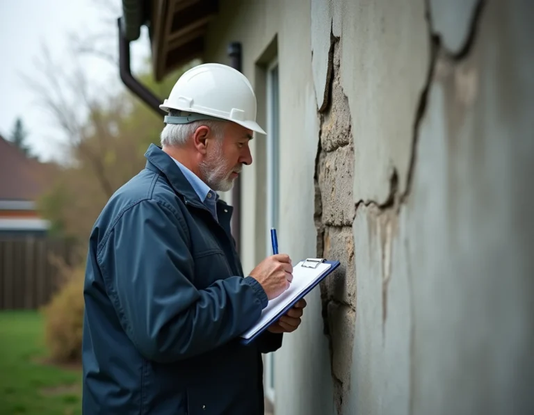 Expert en bâtiment inspectant une fissure sur le mur extérieur d'une maison avec un presse-papiers
