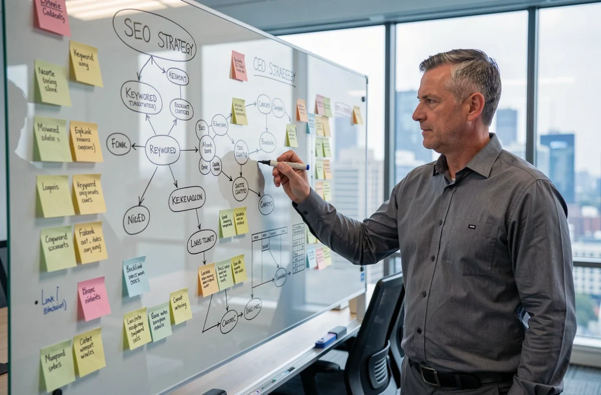 Expert en référencement naturel présentant une stratégie SEO sur un tableau blanc dans une salle de réunion professionnelle