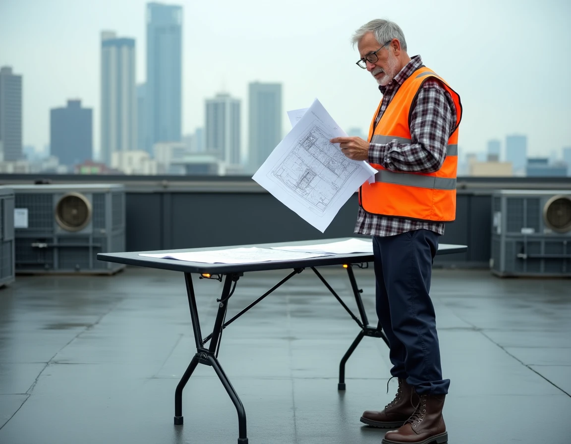Expert bâtiment consultant un plan technique sur une terrasse en toiture en milieu urbain