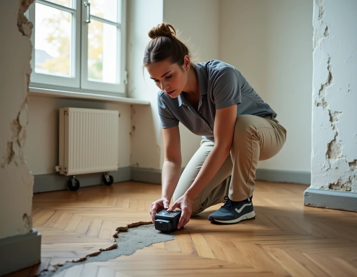 Experte en bâtiment mesurant l'humidité d'un parquet abîmé dans un appartement ancien