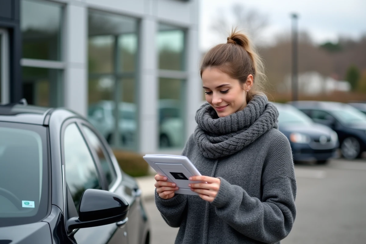 Jeune femme tenant une carte SD de mise à jour GPS à l