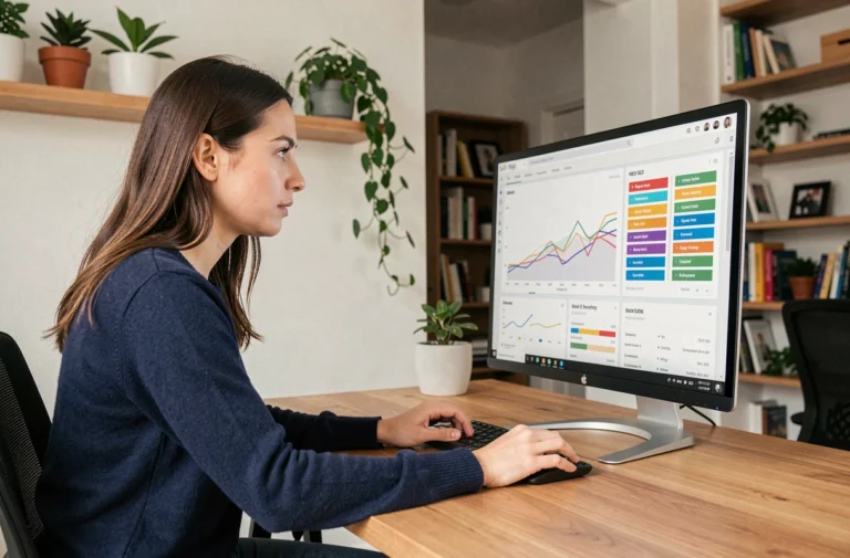 Femme analyste SEO travaillant sur des graphiques de référencement naturel dans un bureau moderne en 2024