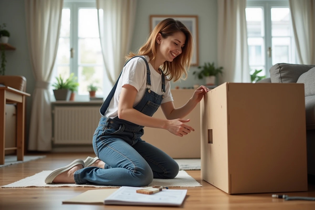 Jeune femme assemblant un meuble dans un salon cosy