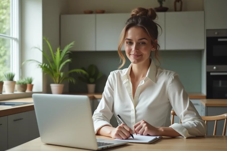 Femme au bureau cuisine avec ordinateur et notes