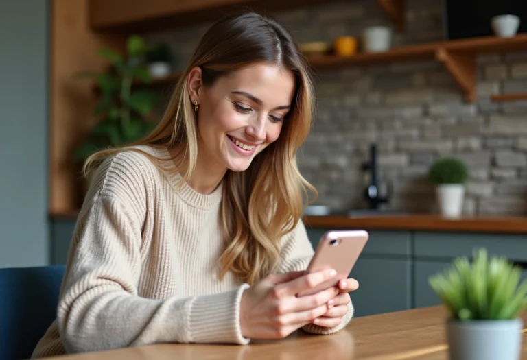 Jeune femme souriante avec bon cadeau Zalando à la maison
