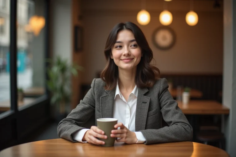 Femme assise au café regardant par la fenêtre