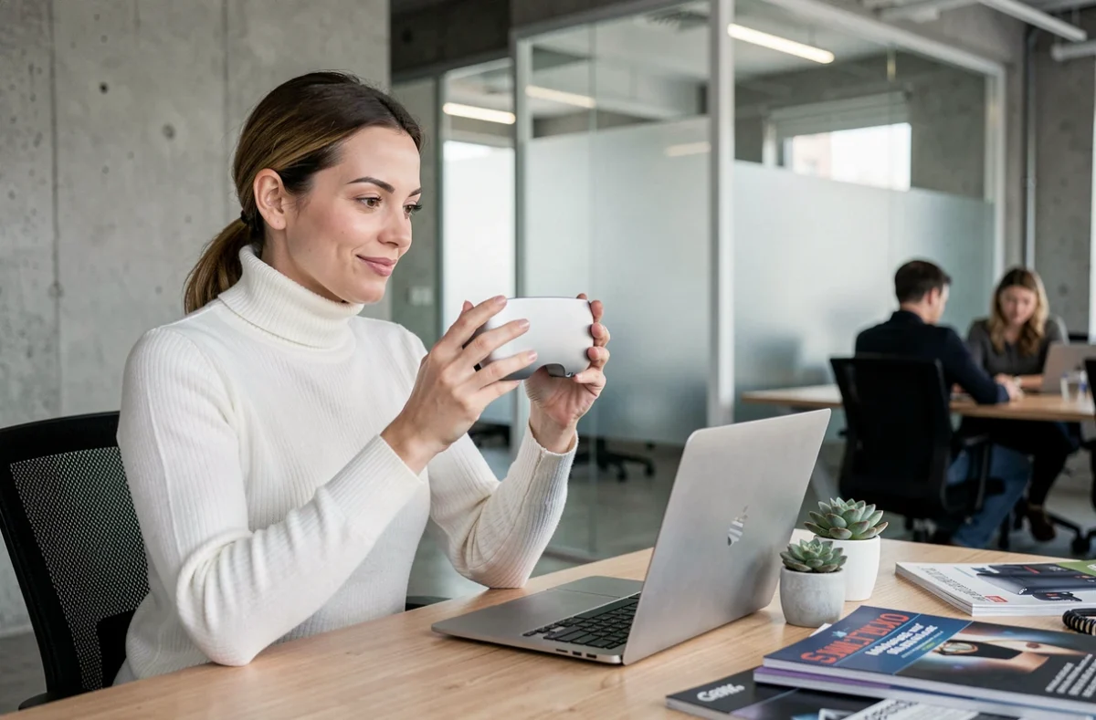 Femme testant un casque de réalité augmentée dans un espace de coworking moderne, illustrant les dernières tendances technologiques