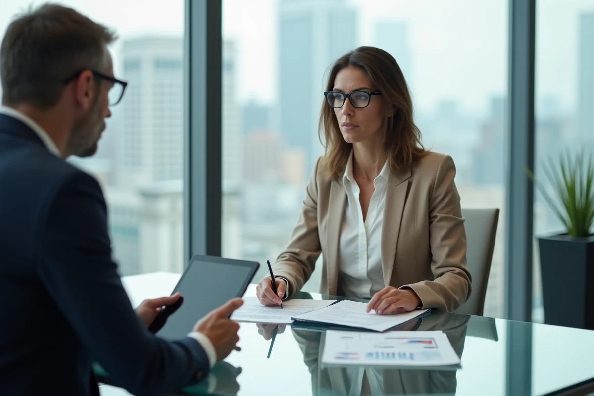 Femme consultant un conseiller financier autour d'un portefeuille d'investissements dans une salle de réunion