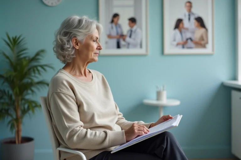 Femme d'âge moyen en consultation neurologique attentive