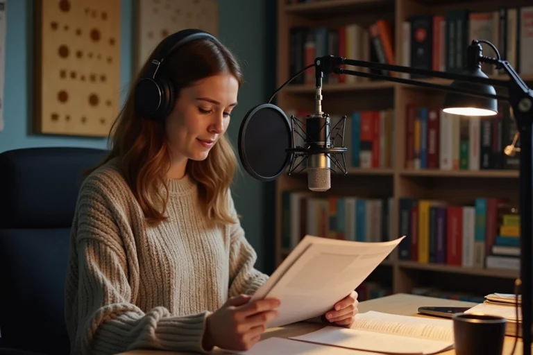 Femme enregistrant un livre audio dans un home studio avec microphone professionnel et manuscrit imprimé
