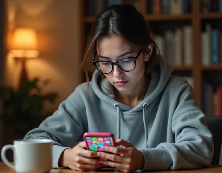 Jeune femme concentrée jouant à un jeu de bonbons difficile sur smartphone à son bureau