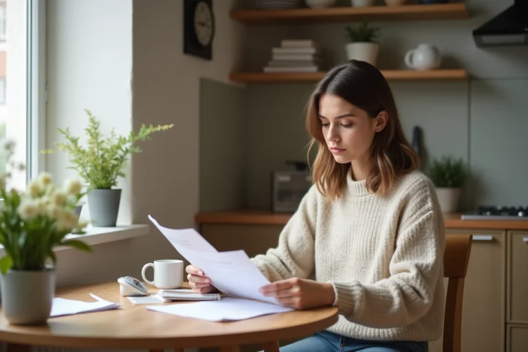 Femme concentrée lisant des papiers dans la cuisine