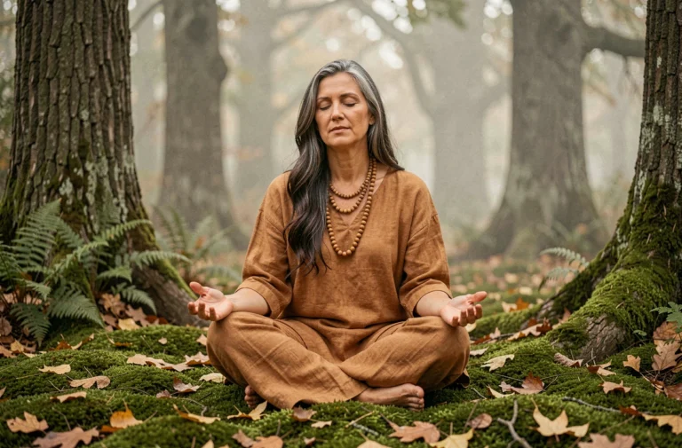 Femme pratiquant la méditation chamanique assise en forêt sur un sol moussu entourée d'arbres anciens