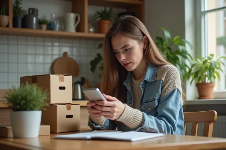 Jeune femme regardant ses coûts d'expédition sur Vinted