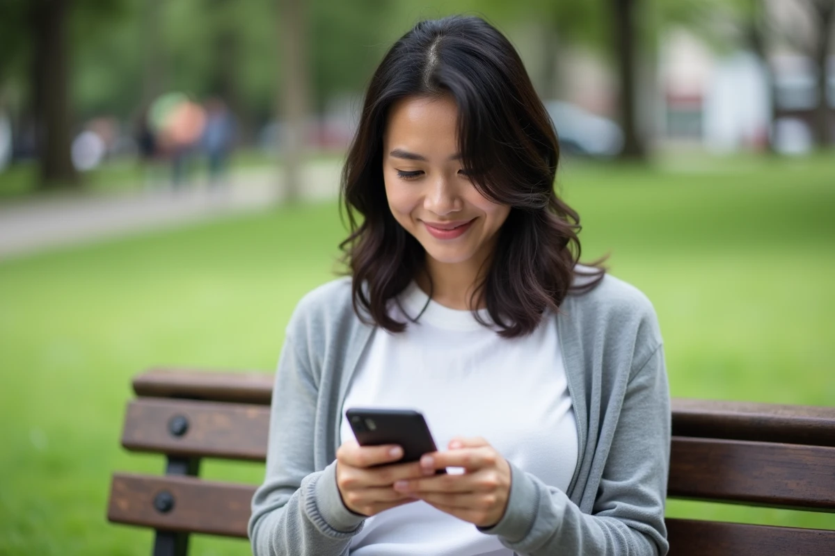 Femme souriante sur un banc de parc avec son smartphone