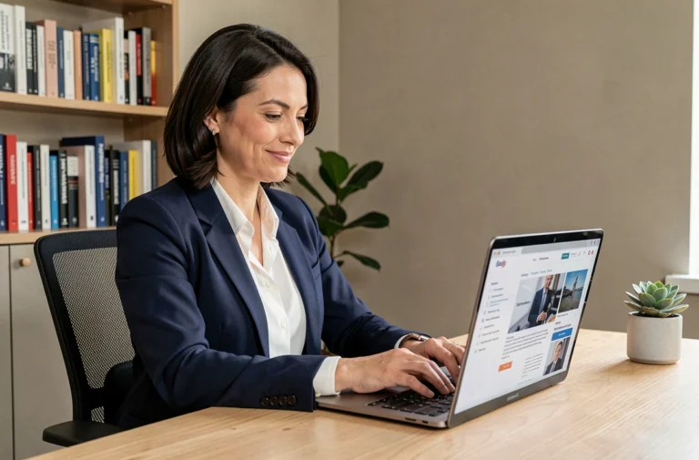 Femme professionnelle consultant des ressources en ligne pour booster son business sur un ordinateur portable dans un bureau moderne